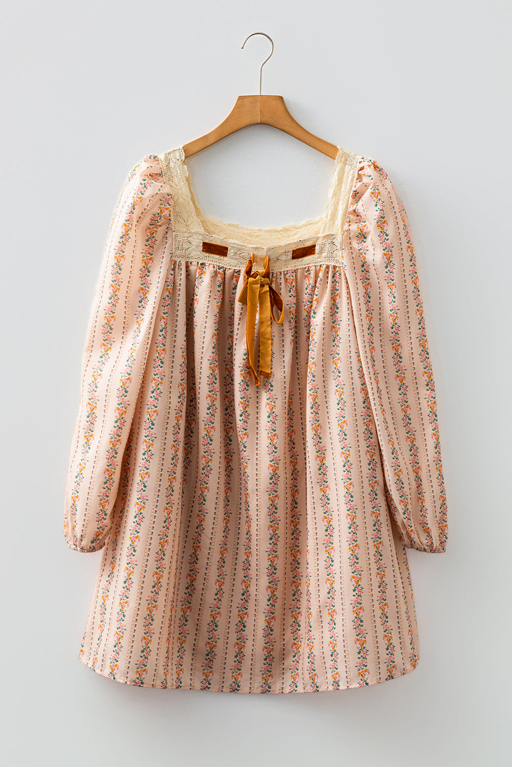 Long Sleeve Floral Print and Velvet Bow Mini Dress