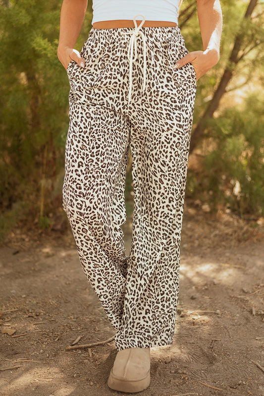 Leopard Drawstring Elastic Waistband Pants