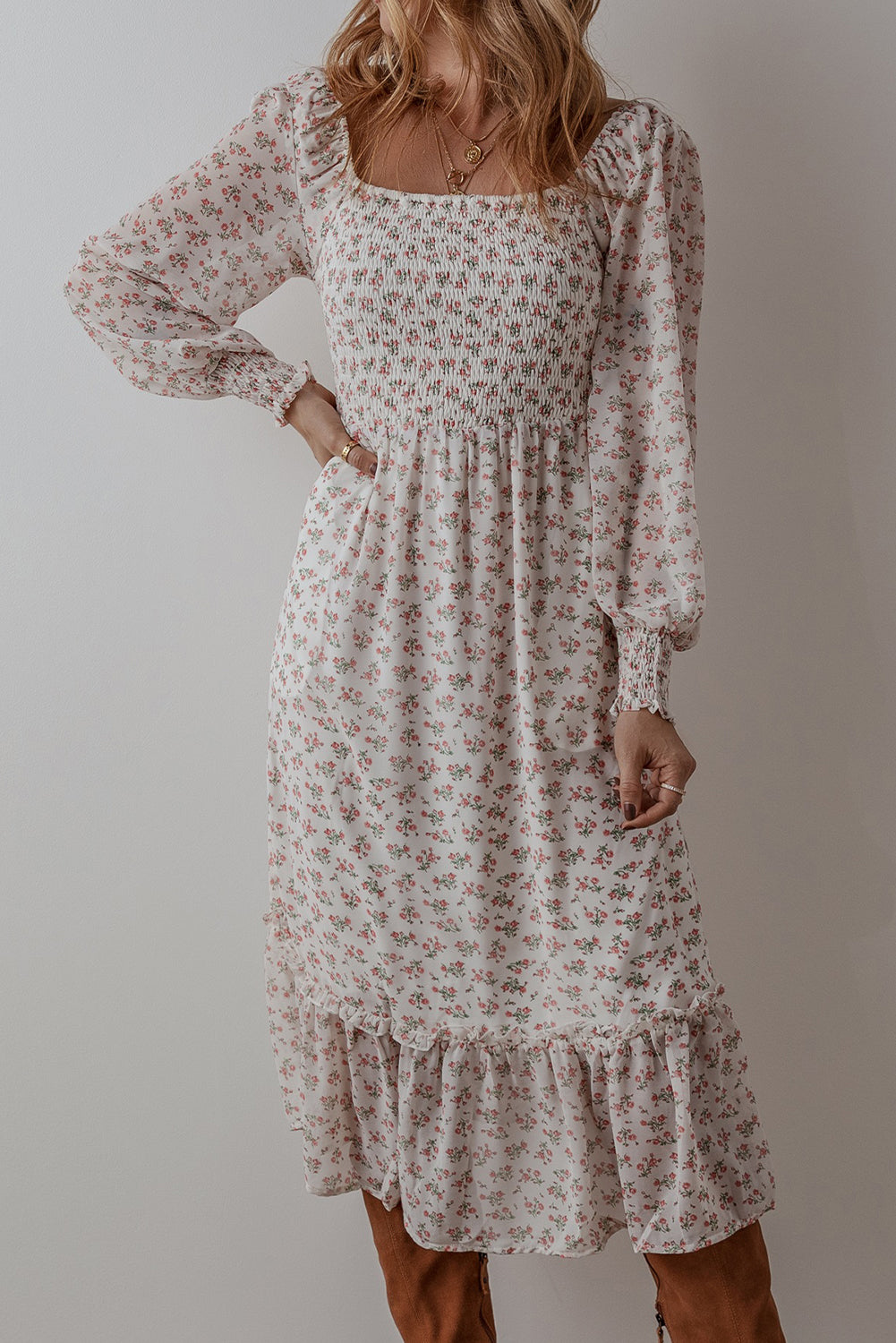 White Floral Ruffled Hem Midi Dress