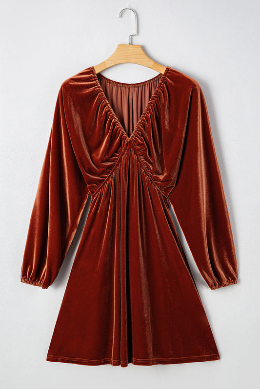 Clay Elastic V-Neck Puff Sleeve Short Velvet Dress