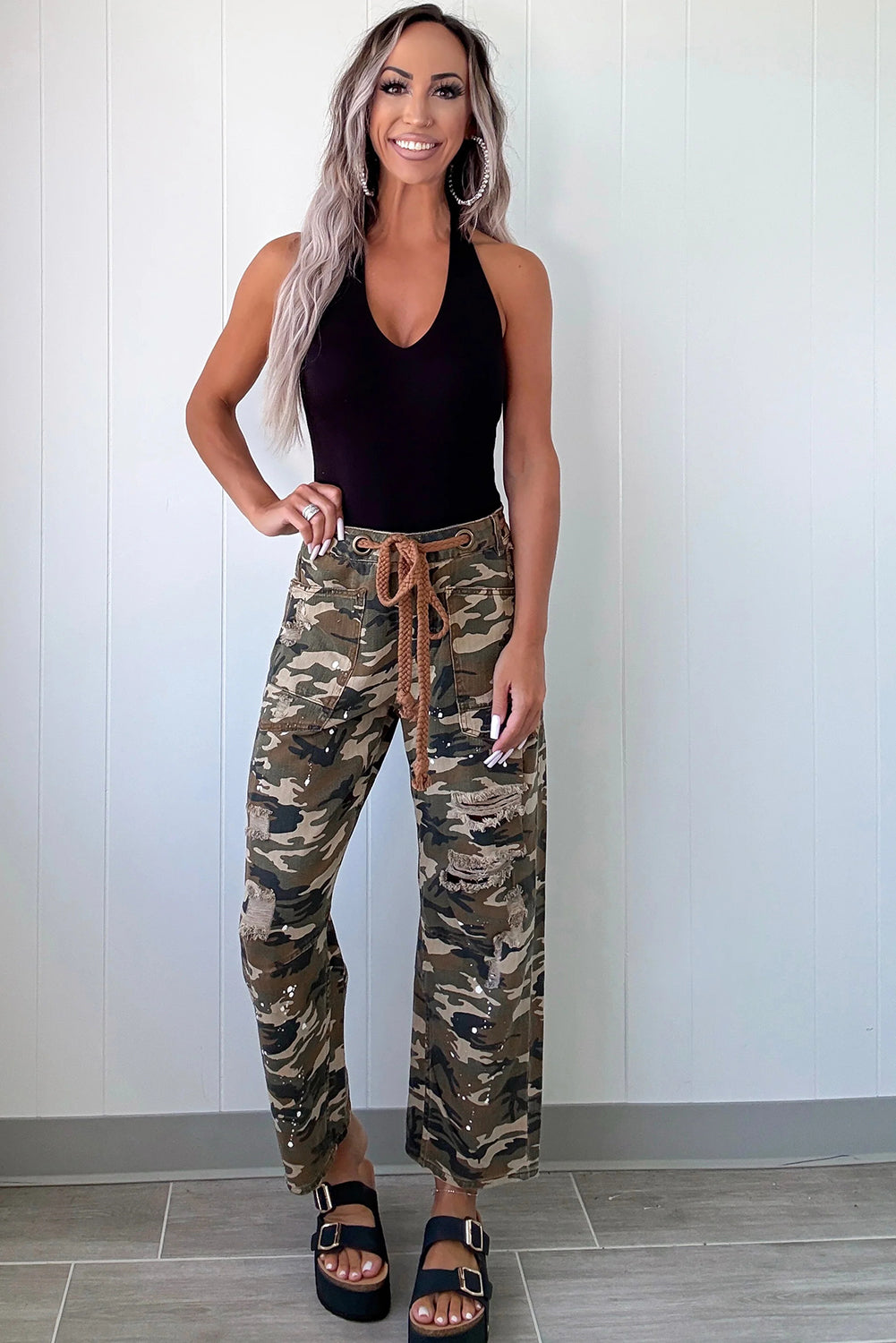 Camouflage Print Splashed Distressed Loose Denim Pants