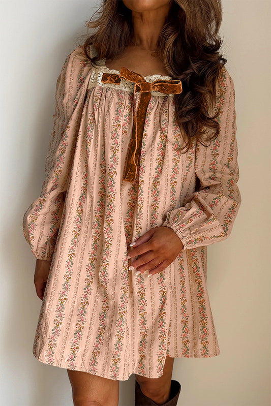 Long Sleeve Floral Print and Velvet Bow Mini Dress