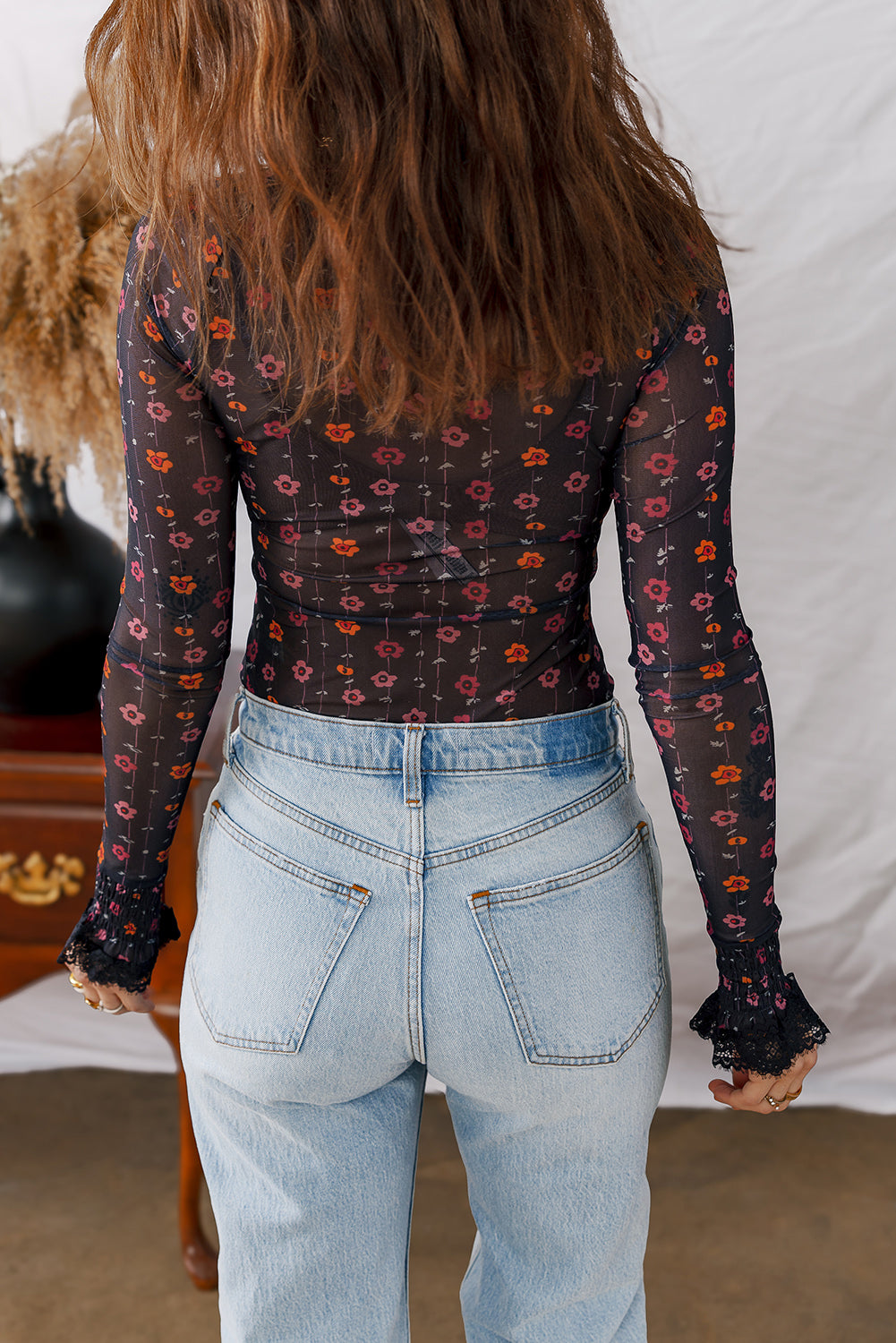 Black Floral Print Smocked Cuff Mesh Bodysuit