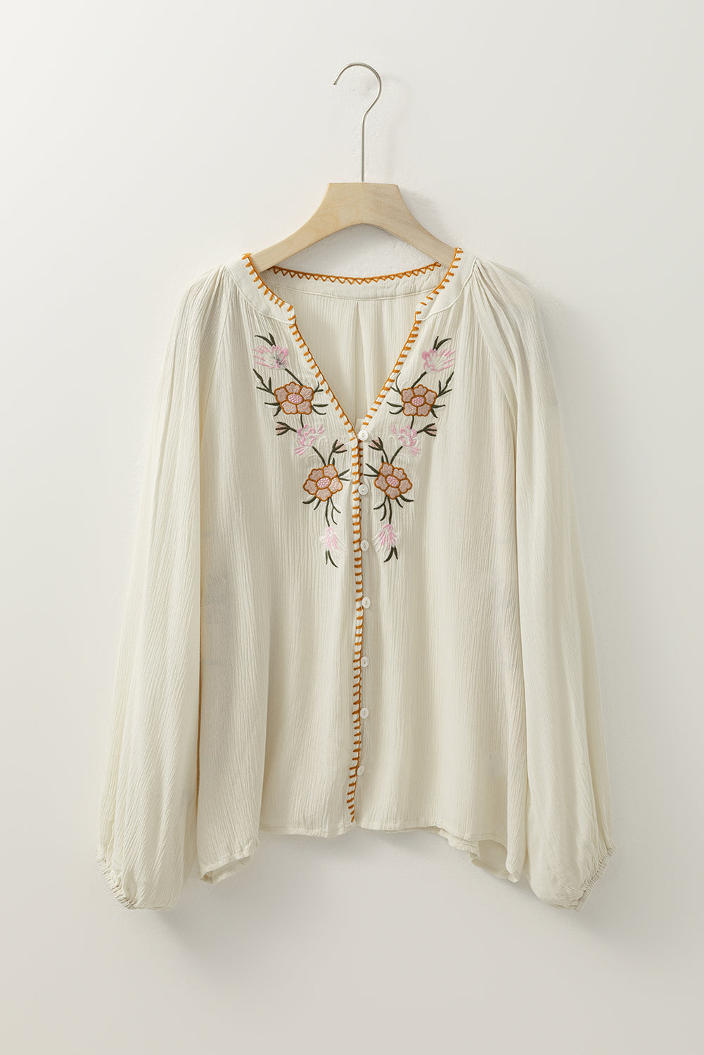 Beige Floral Embroidered Loose Shirt