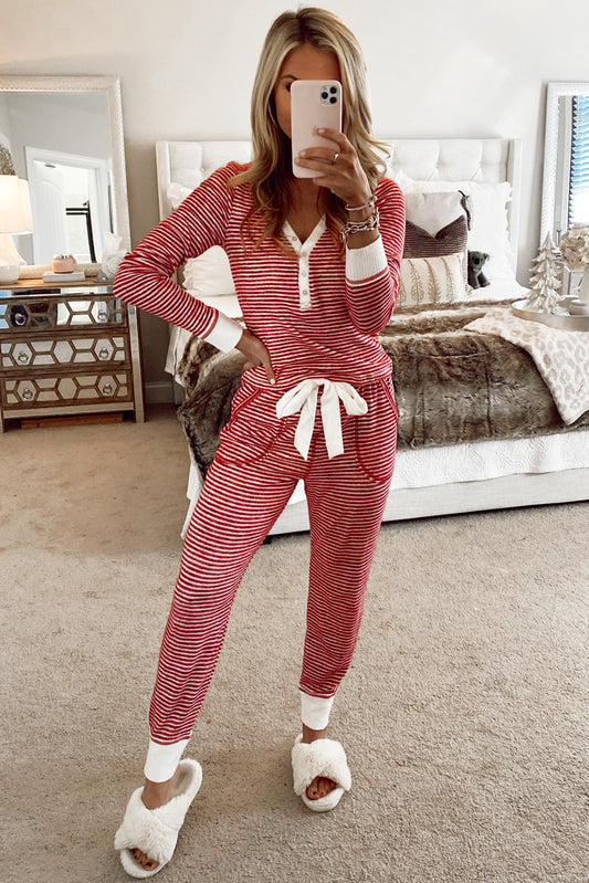 Red Stripe Buttoned Top and Knotted Waist Pants Lounge Set