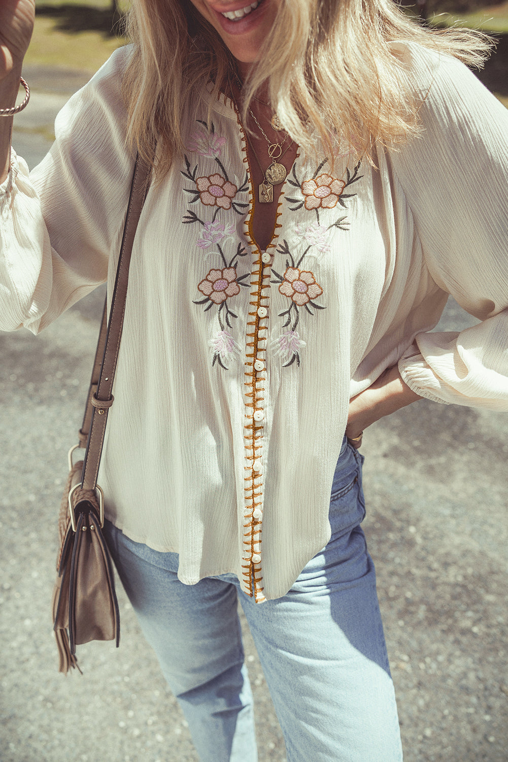 Beige Floral Embroidered Loose Shirt