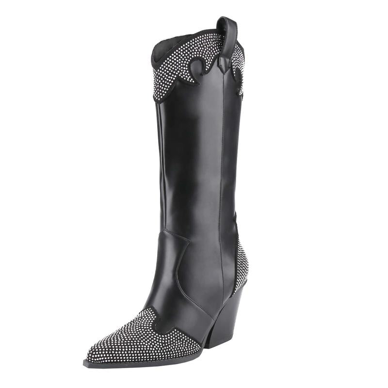 BELOVELY Unilady Women'S Rhinestone Boots Western Pointed Toe Fashion Cowgirl Boots 5Cm Chunky Stacked Heel Pull on Boots for Ladies Walking Shoes Footwear Bridal Onyx Comfort Rubber Shoe Bota Nylon Boots for Nail Boots for Fall [Everywhere-2]