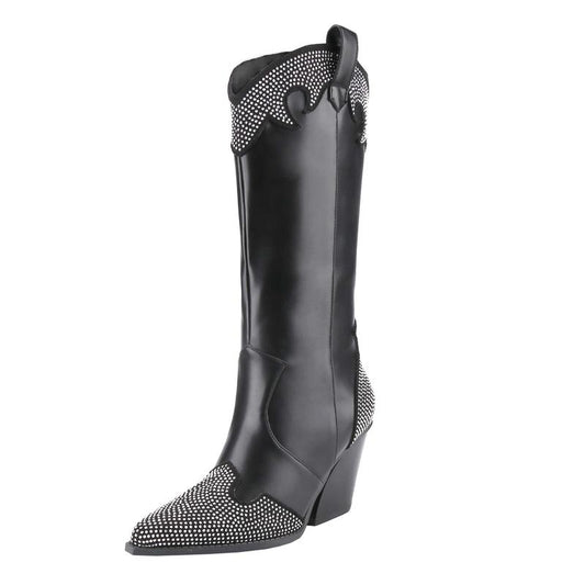 BELOVELY Unilady Women'S Rhinestone Boots Western Pointed Toe Fashion Cowgirl Boots 5Cm Chunky Stacked Heel Pull on Boots for Ladies Walking Shoes Footwear Bridal Onyx Comfort Rubber Shoe Bota Nylon Boots for Nail Boots for Fall [Everywhere-2]