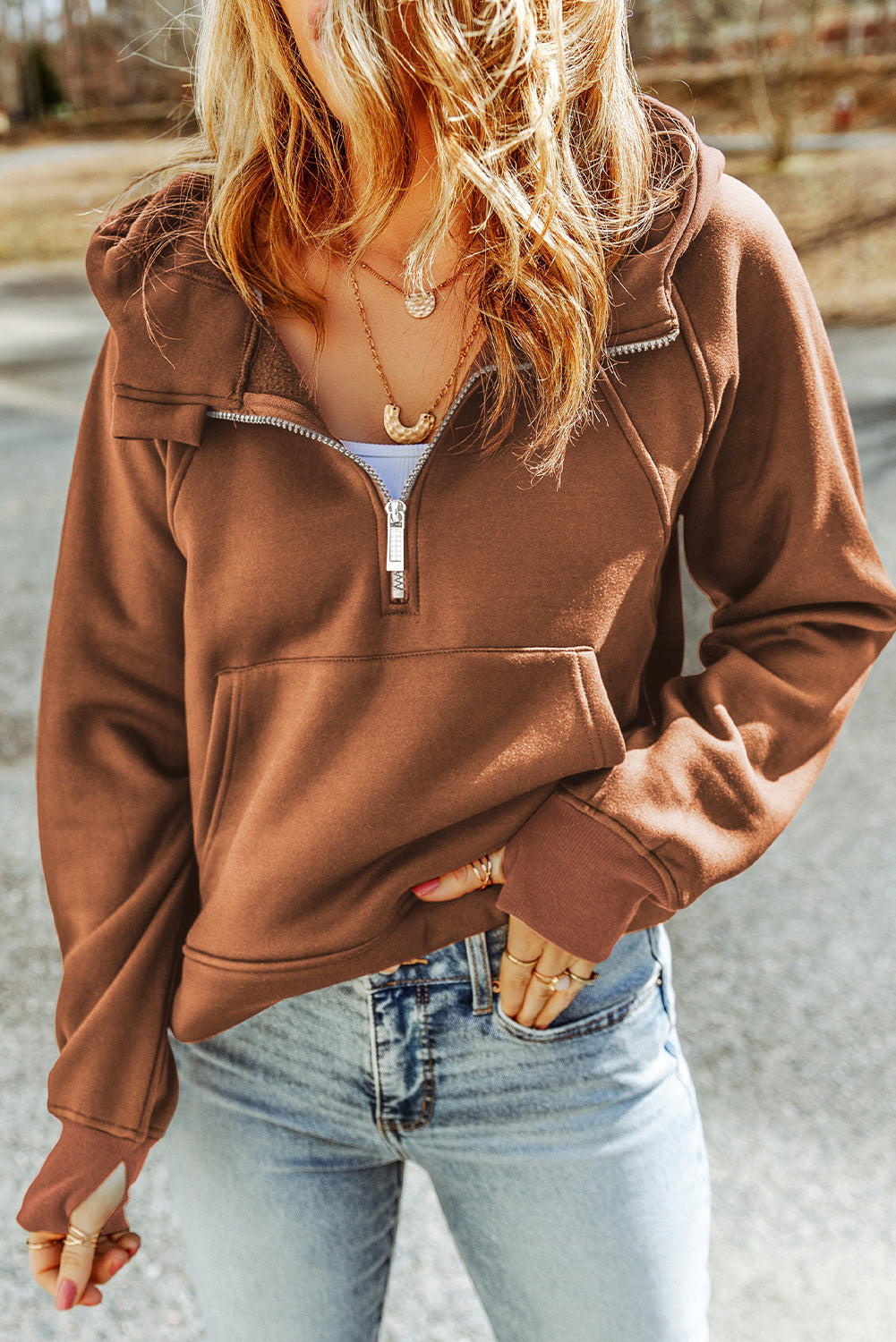 Brown Quarter Zip Pocket Hoodie