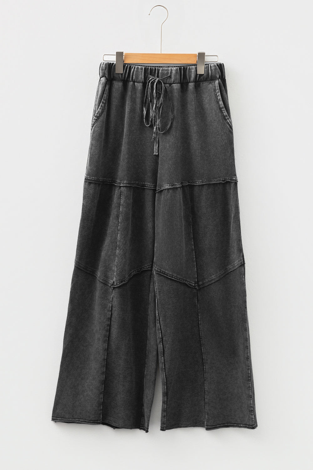 Black Mineral Wash Wide Leg Patchwork Drawstring Pants