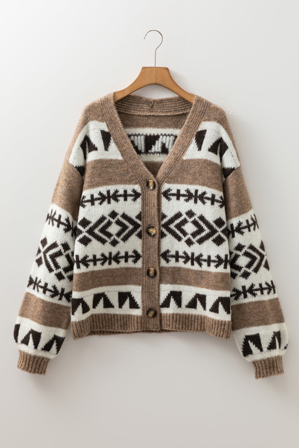 Dark Khaki Geometric Pattern Button Sweater Cardigan