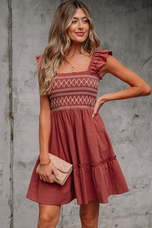 Red Sandalwood Geometric Stitch Ruffled Trim Sleeveless Mini Dress
