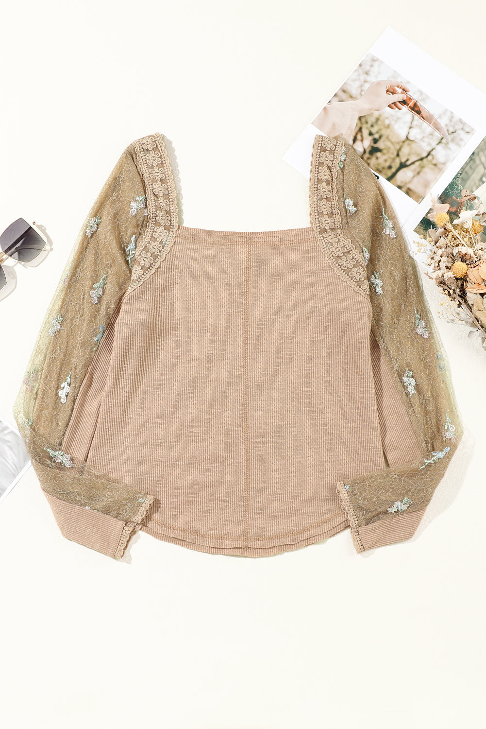 French Beige Floral Gauze Sleeve Ribbed Top