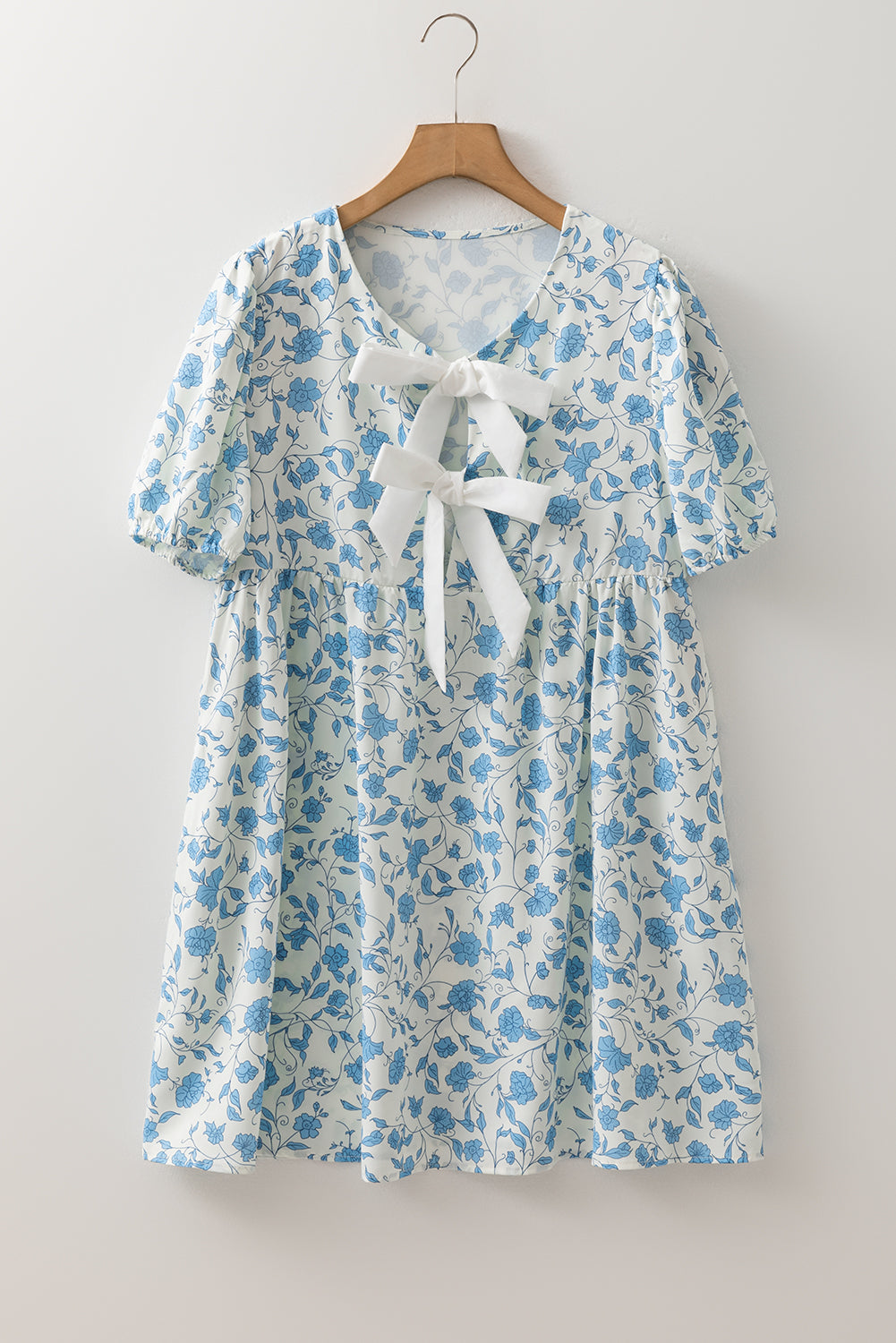 Sky Blue Bow Puff Sleeve Mini Floral Dress
