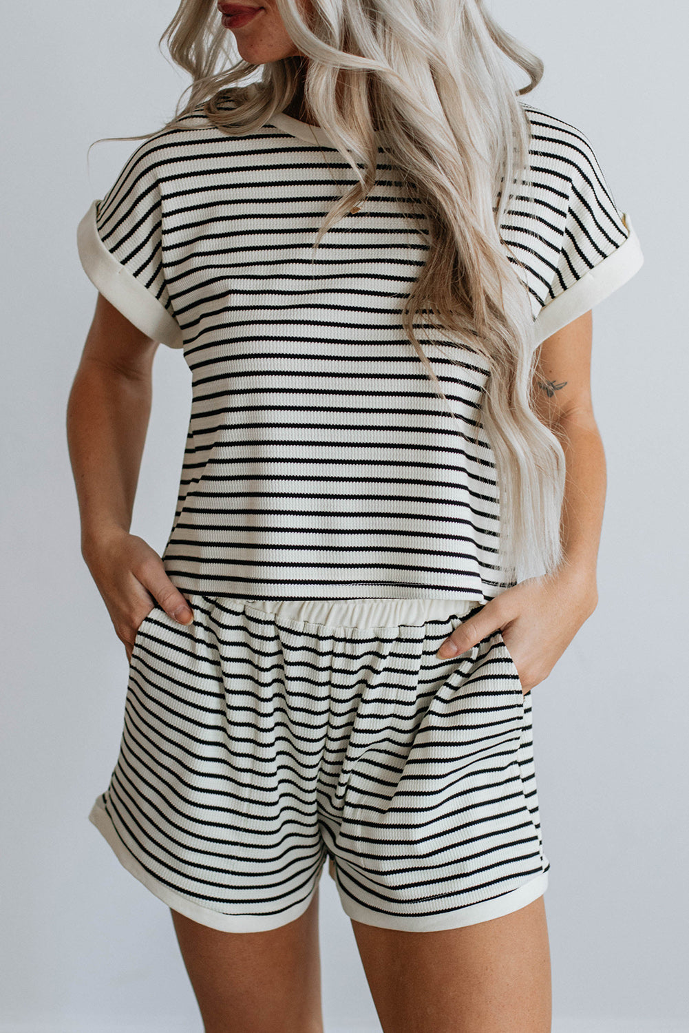 White Stripe Contrast Edge Two Piece Set
