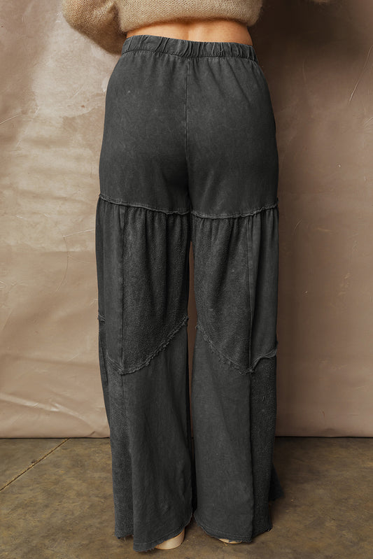 Black Mineral Wash Wide Leg Patchwork Drawstring Pants