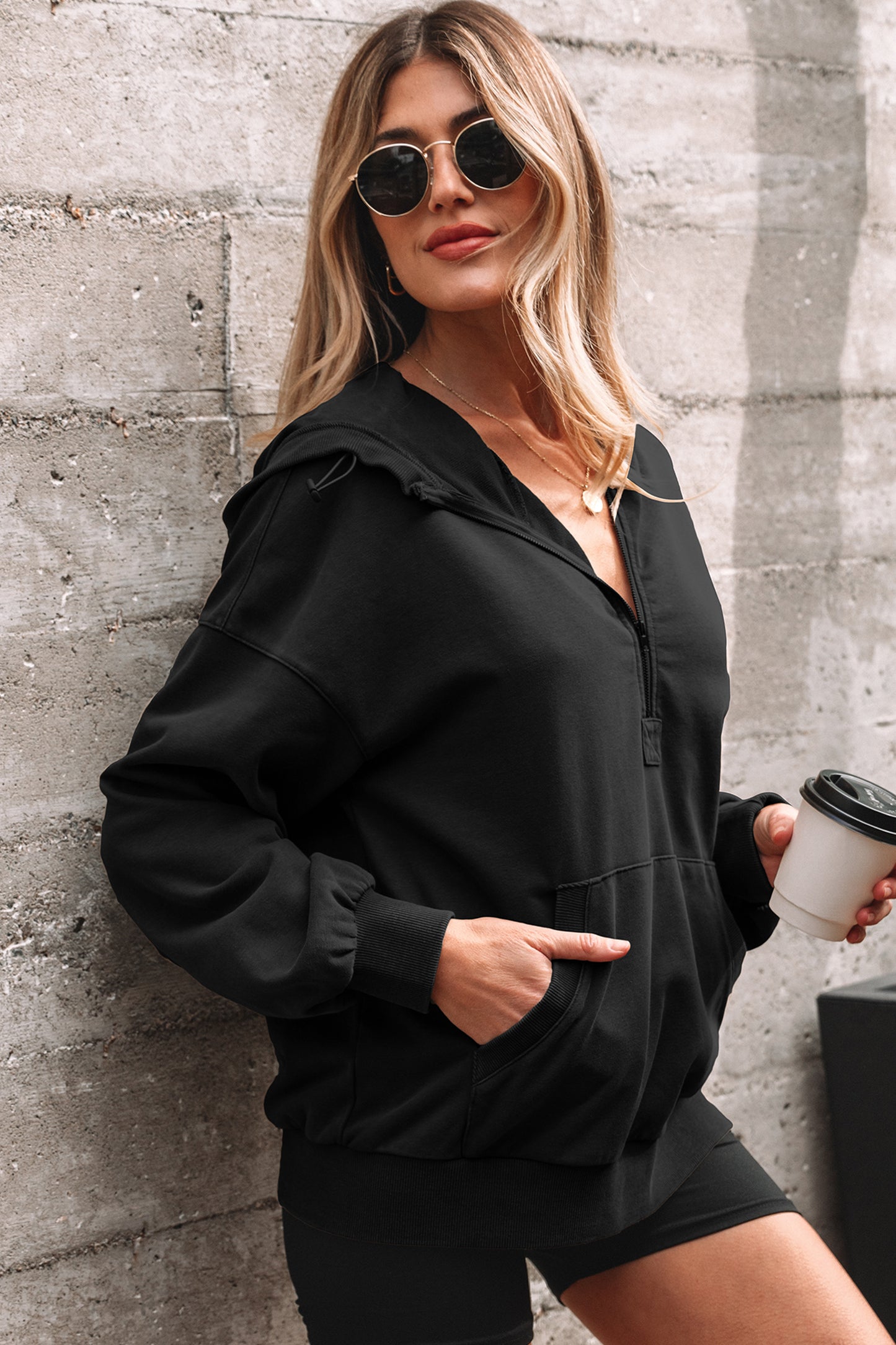 Half Zip Pocketed Mineral Wash Hoodie