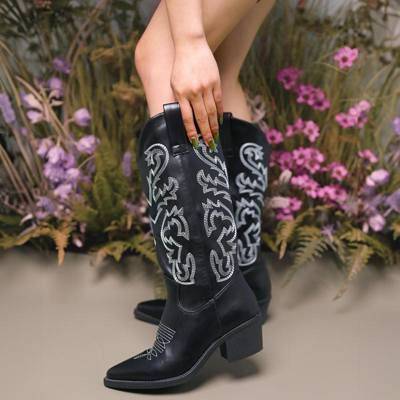 Belovely Unilady Cowgirl Boots with Quad-Stitch Embroidery Design, Pointed Toe Low Heel Pull on Westerm Style Knee High Cowgirl Boot for Ladies Women Shoe Walking Shoes Cowboy Comfor Fall Boots for Wide Calfboots Boots for Classic Embroidery