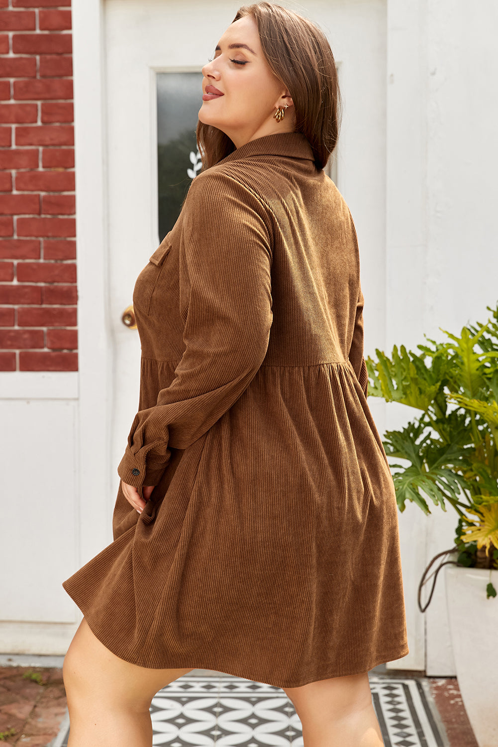 Camel Corduroy Buttoned Collared Shirt Dress
