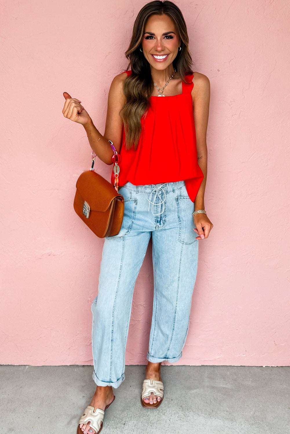 Exposed Stitch Detail Drawstring Barrel Jeans