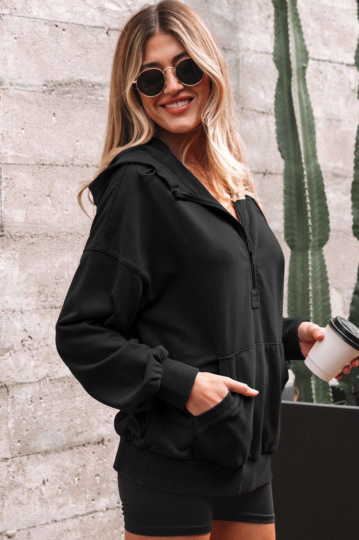 Half Zip Pocketed Mineral Wash Hoodie