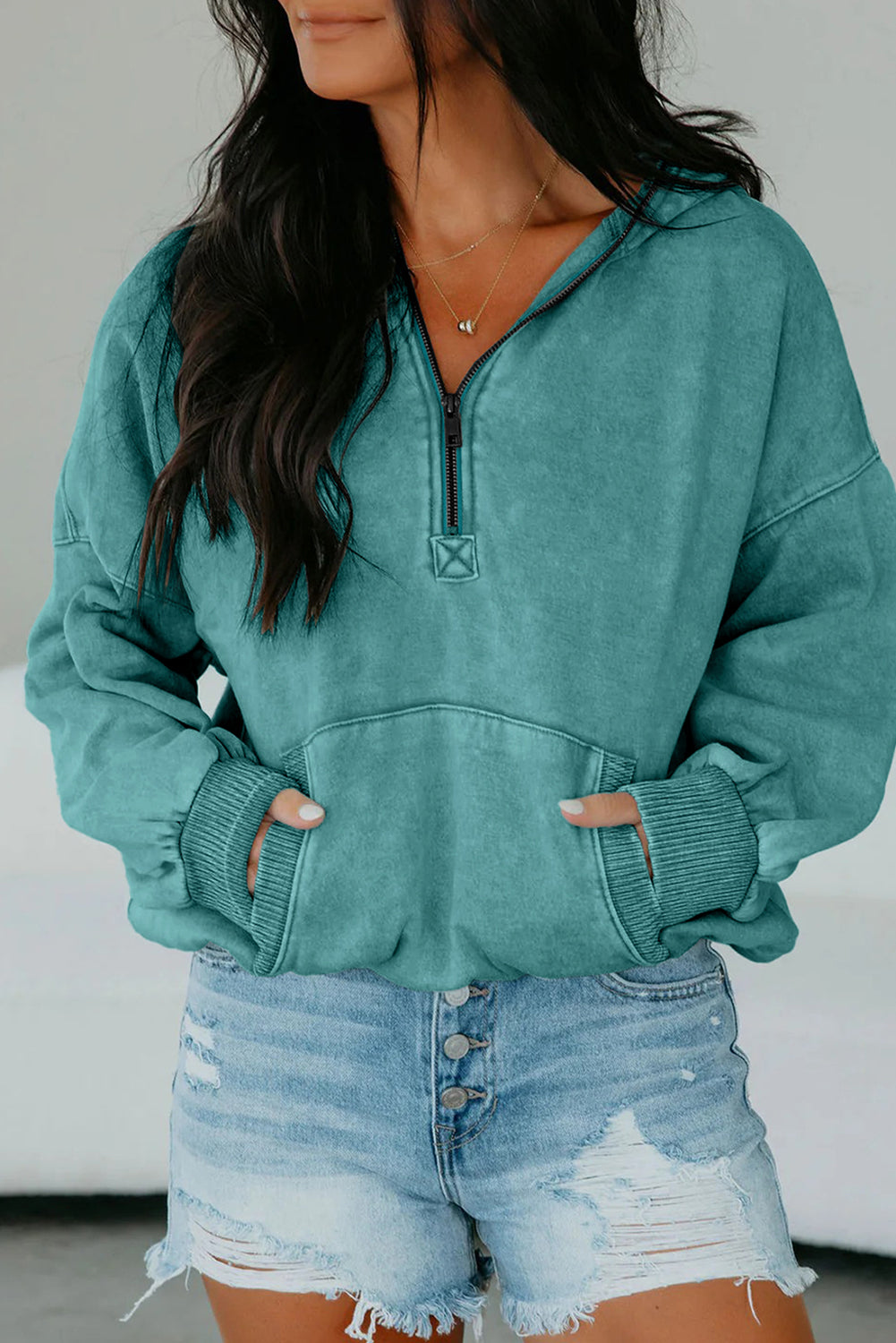 Half Zip Pocketed Mineral Wash Hoodie