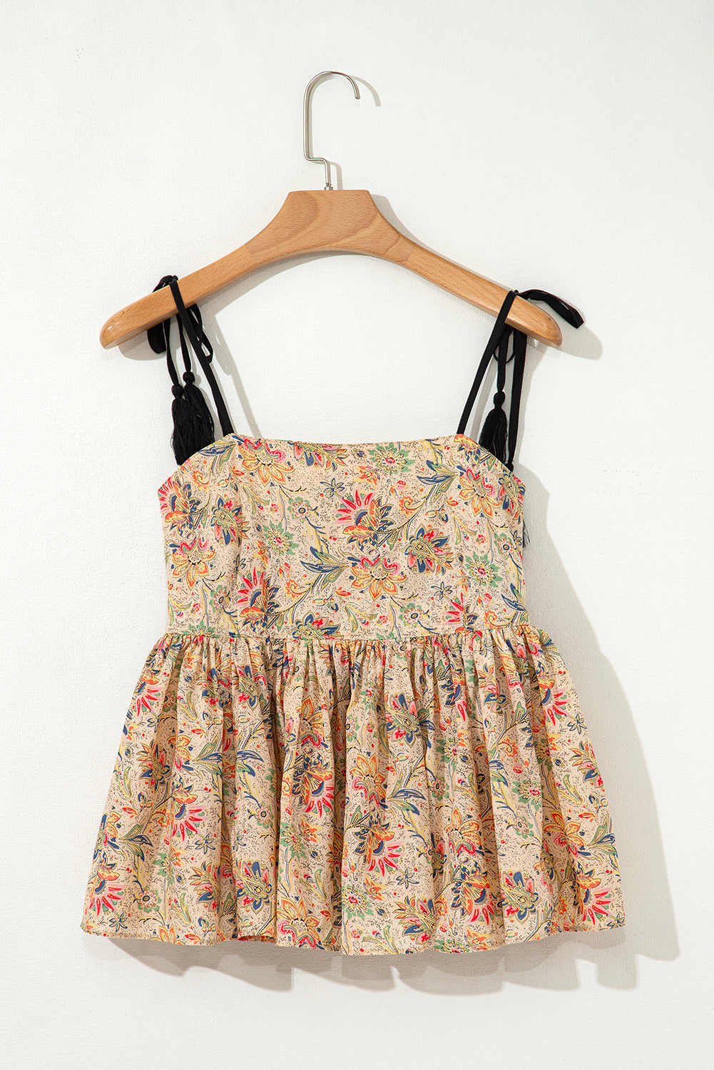 Apricot Floral Print Ruffled Peplum Tank Top