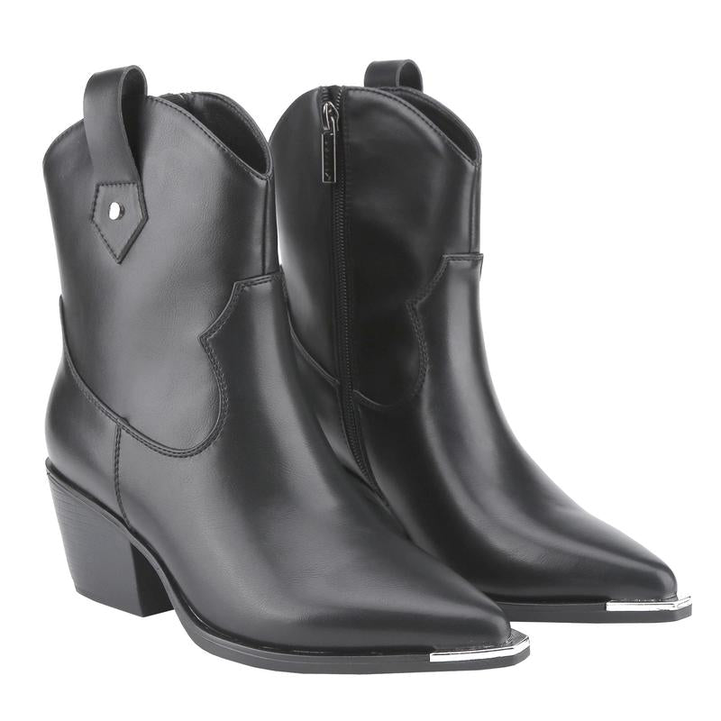 Belovely【Everywhere-5】Western Cowgirl Mid Leather Boot with Metal Toe and Heel Detail Walking Shoes Women Boots for Fall