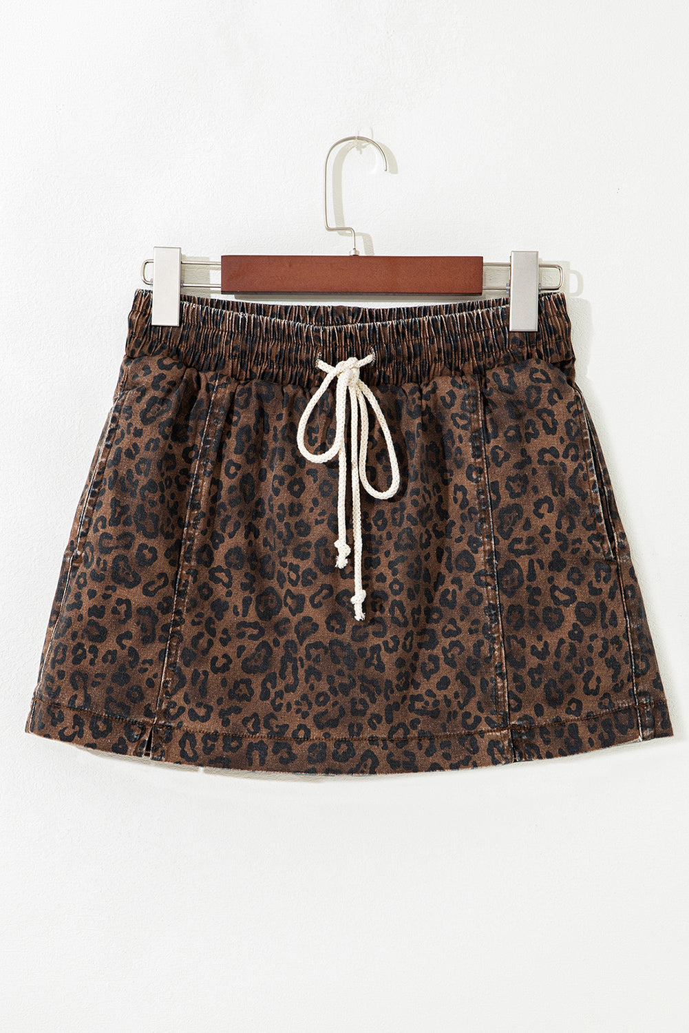 Brown Leopard Drawstring Denim Skort