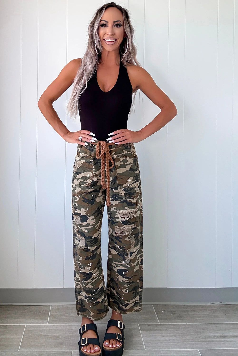 Camouflage Print Splashed Distressed Loose Denim Pants