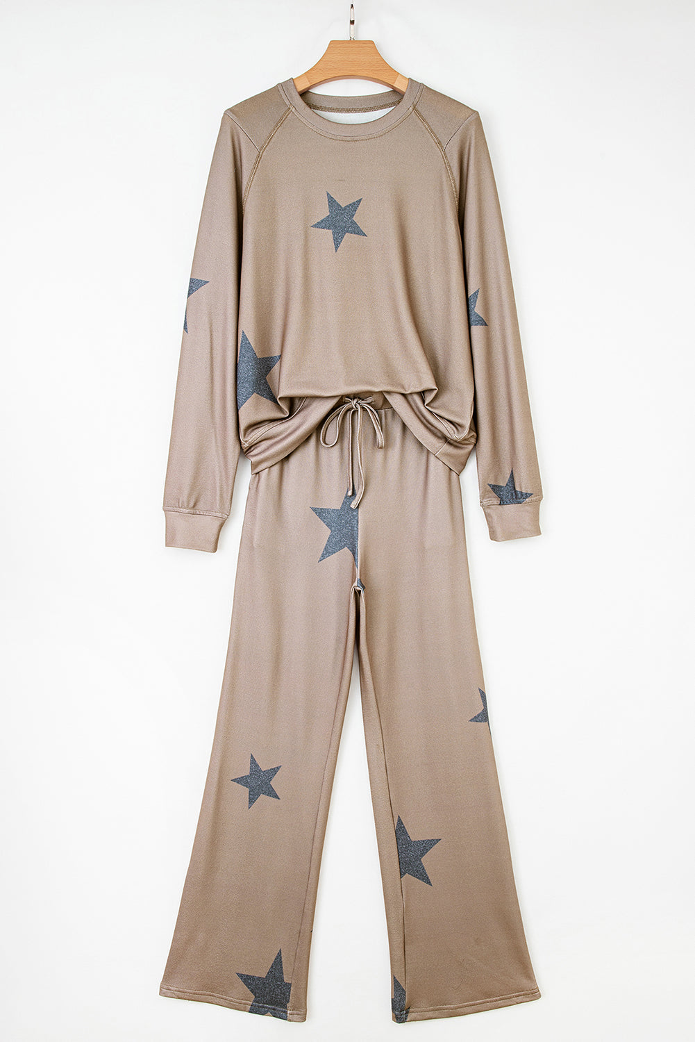 Khaki Star Print Long Sleeve and Wide Leg Lounge Set