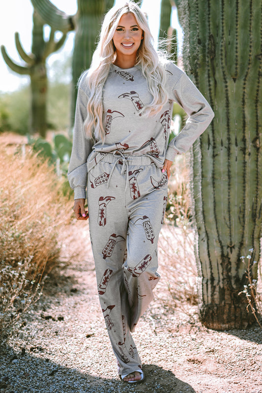 Gray Cowgirl Boots Printed Long Sleeve Top and Pants Lounge Set