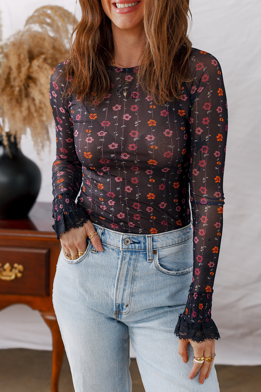 Black Floral Print Smocked Cuff Mesh Bodysuit