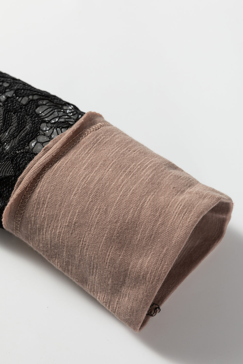 Dark Brown Sheer Lace Patchwork Casual Long Sleeve Tee