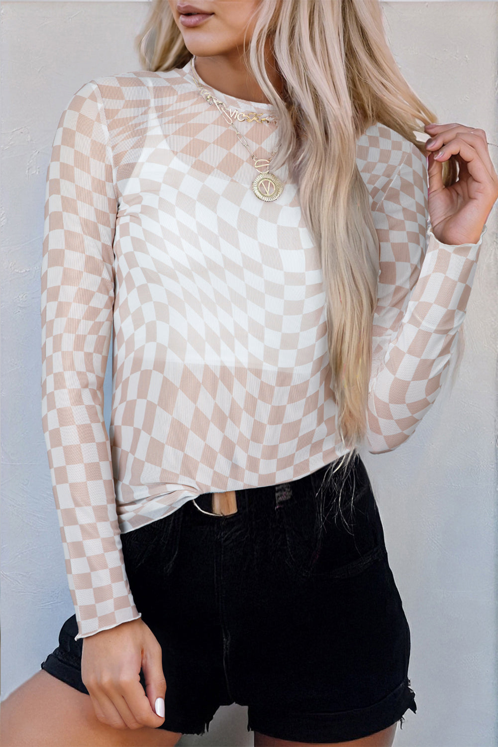 White Checkered Mesh Long Sleeve Top