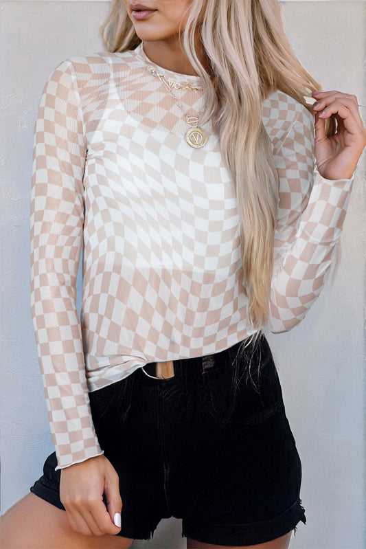 White Checkered Mesh Long Sleeve Top
