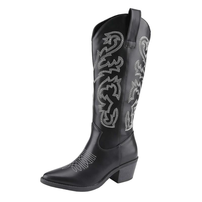 Belovely Unilady Cowgirl Boots with Quad-Stitch Embroidery Design, Pointed Toe Low Heel Pull on Westerm Style Knee High Cowgirl Boot for Ladies Women Shoe Walking Shoes Cowboy Comfor Fall Boots for Wide Calfboots Boots for Classic Embroidery