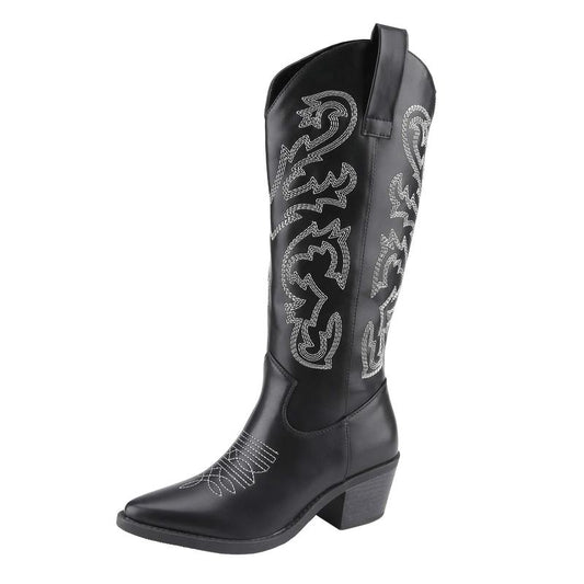 Belovely Unilady Cowgirl Boots with Quad-Stitch Embroidery Design, Pointed Toe Low Heel Pull on Westerm Style Knee High Cowgirl Boot for Ladies Women Shoe Walking Shoes Cowboy Comfor Fall Boots for Wide Calfboots Boots for Classic Embroidery