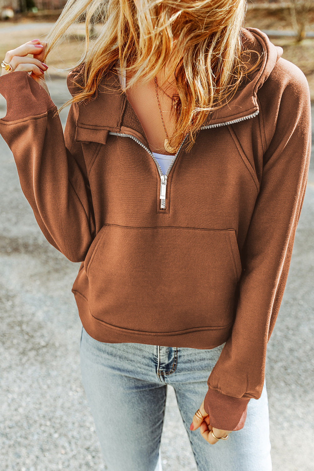 Brown Quarter Zip Pocket Hoodie