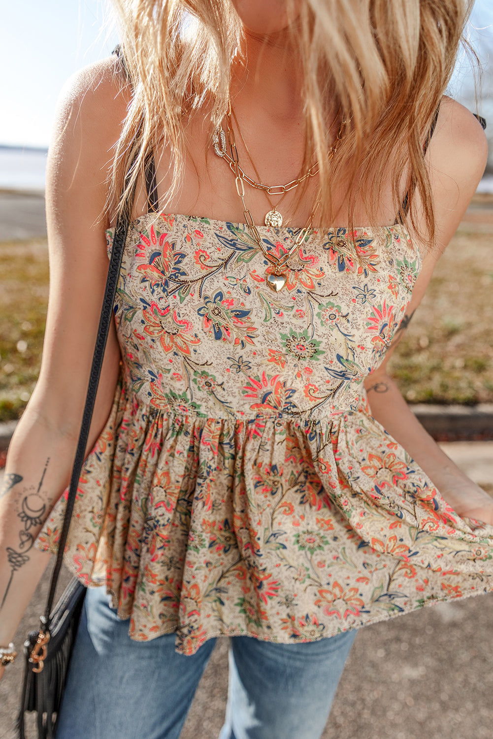 Apricot Floral Print Ruffled Peplum Tank Top