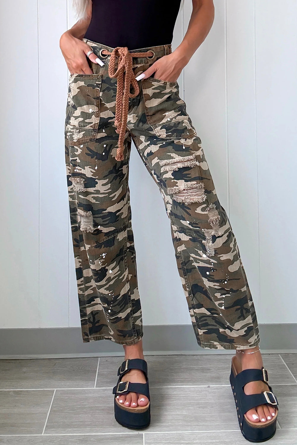 Camouflage Print Splashed Distressed Loose Denim Pants
