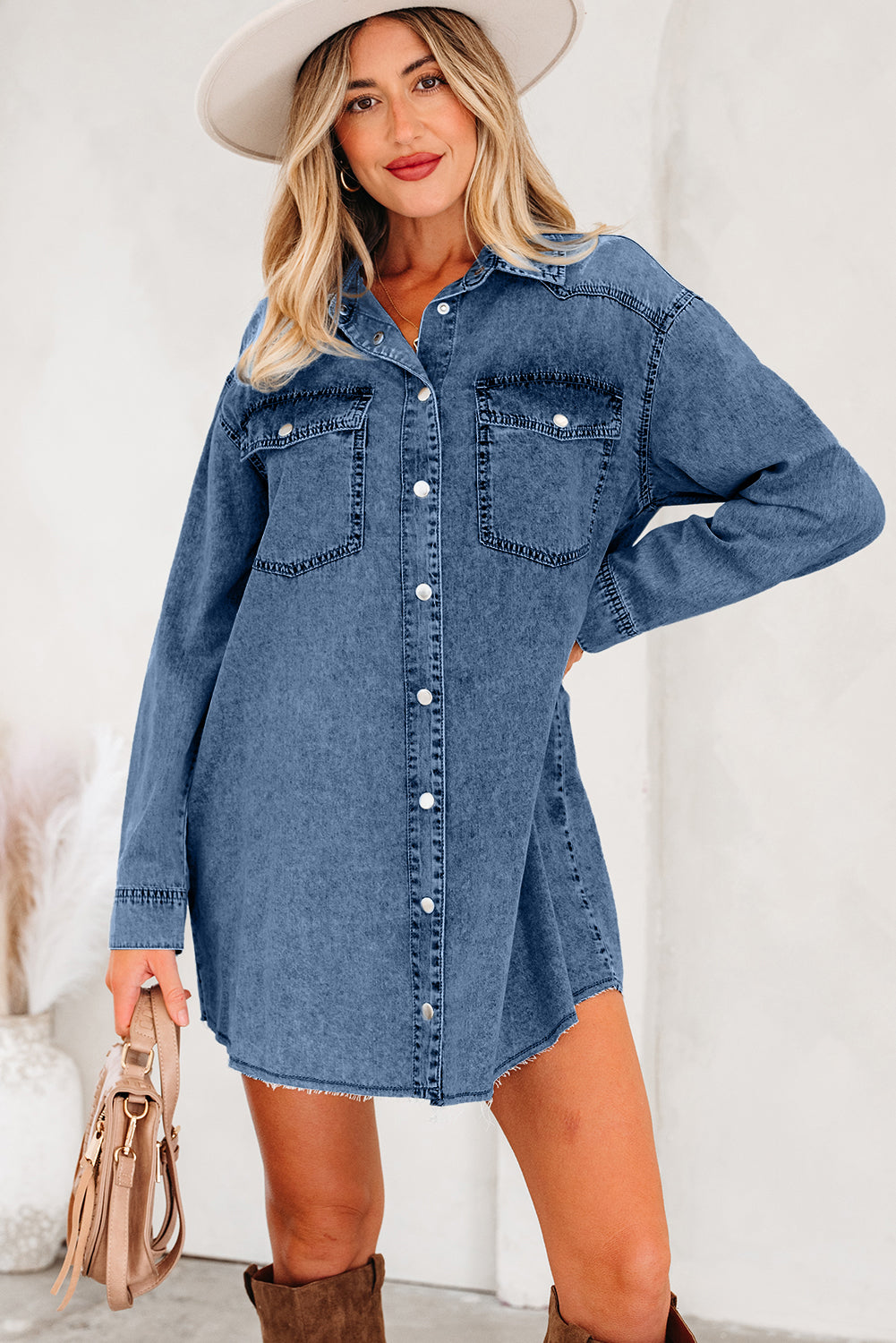 Raw Hem Denim Loose Shirt Dress