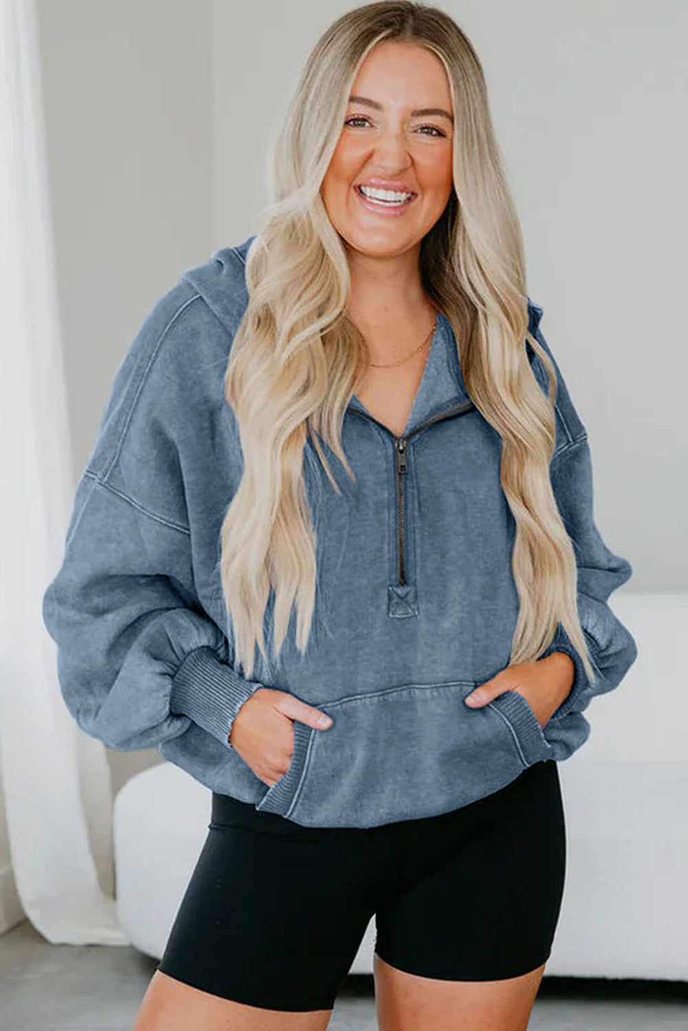 Half Zip Pocketed Mineral Wash Hoodie
