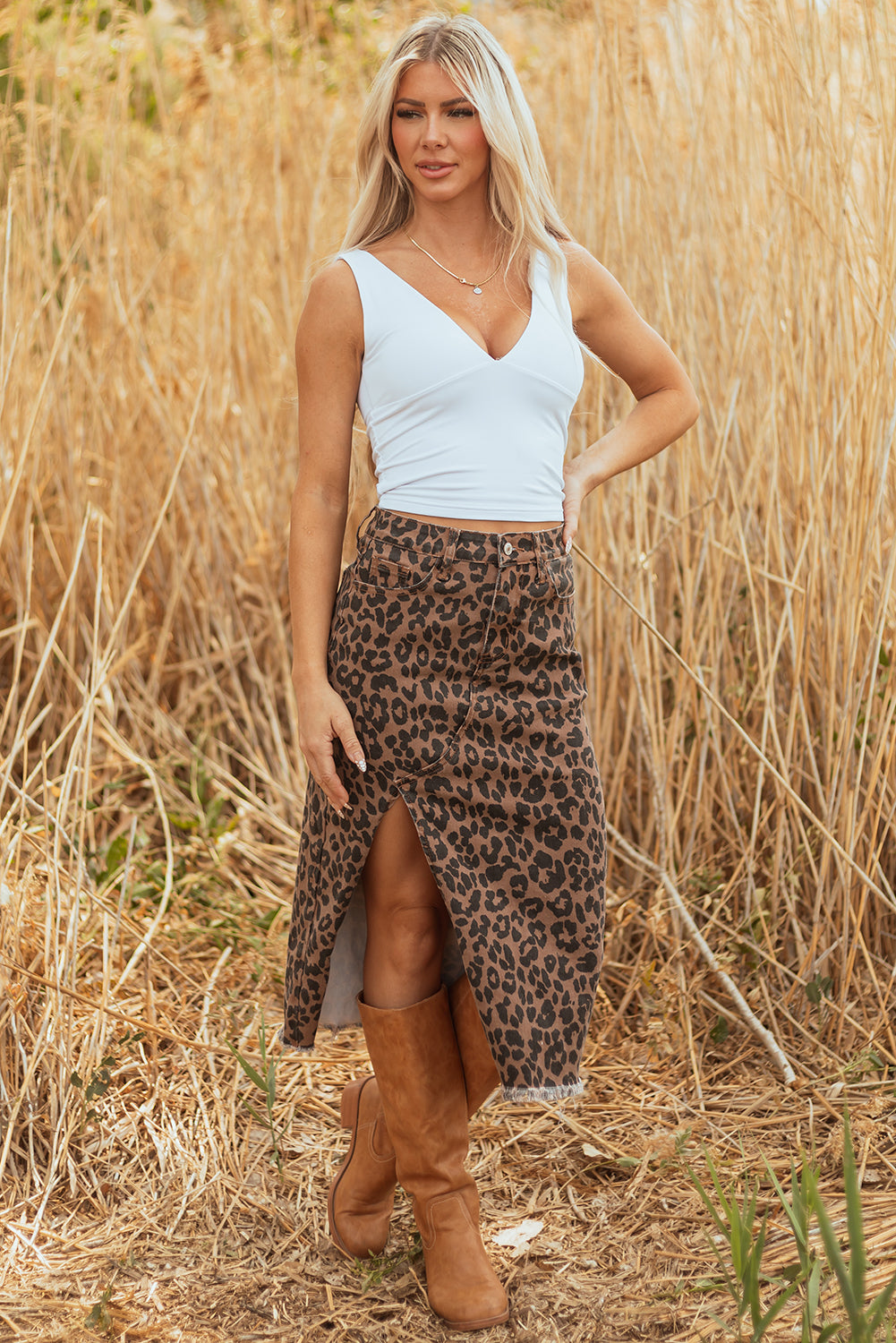 Brown Leopard Frayed Split Denim Midi Skirt