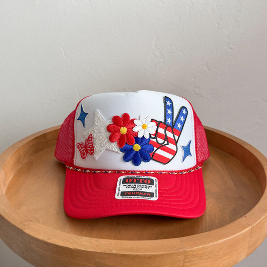 Red White and Bloom Patch Trucker Hat