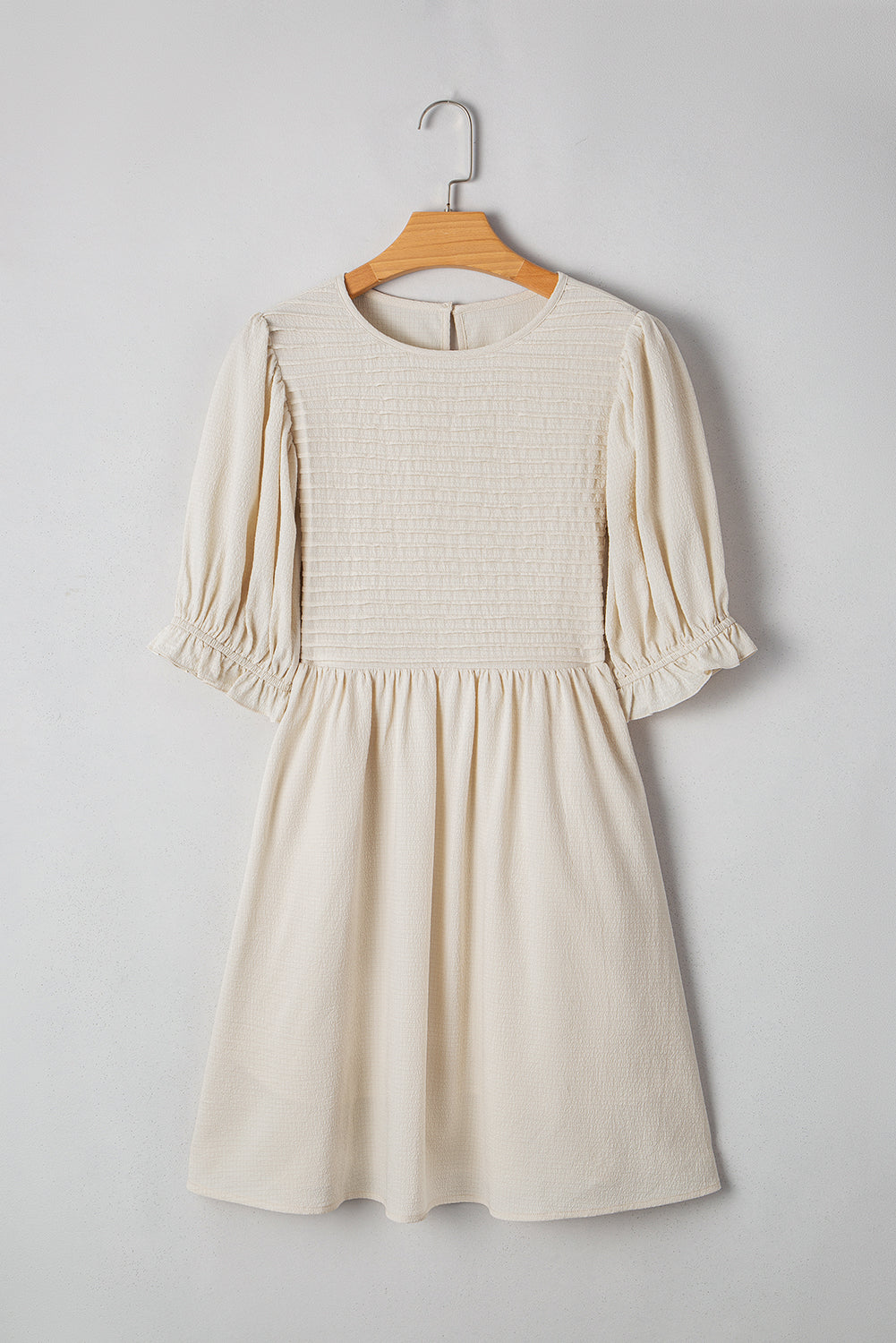 White Textured Ruffled Puff Sleeve Dress