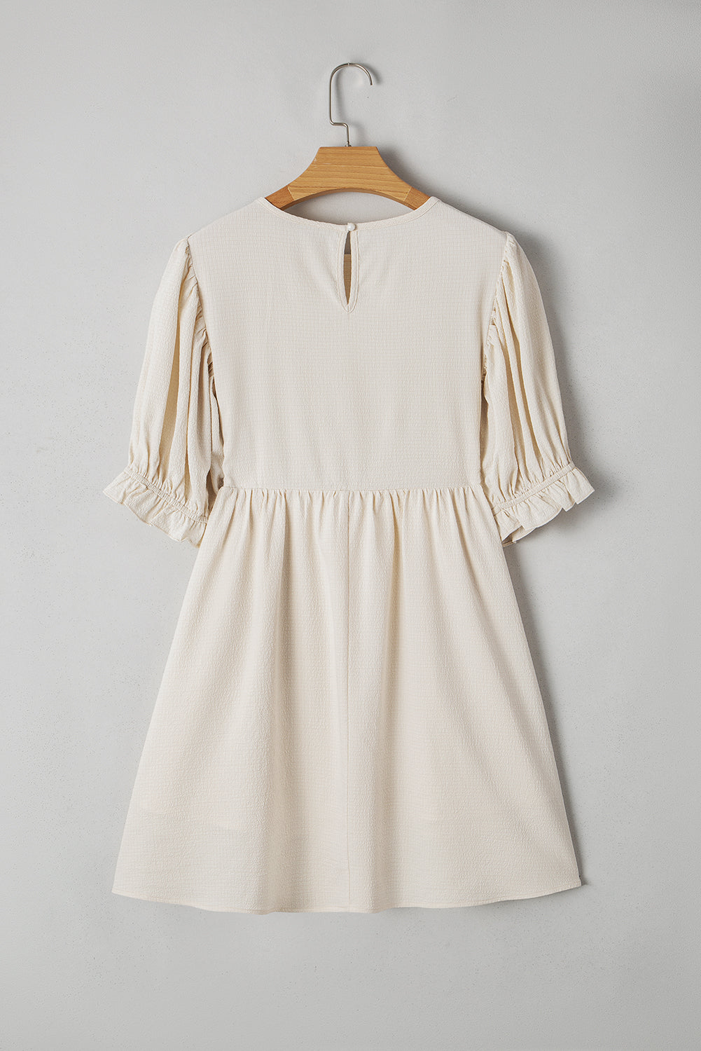 White Textured Ruffled Puff Sleeve Dress