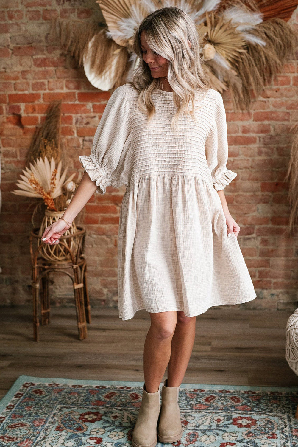 White Textured Ruffled Puff Sleeve Dress