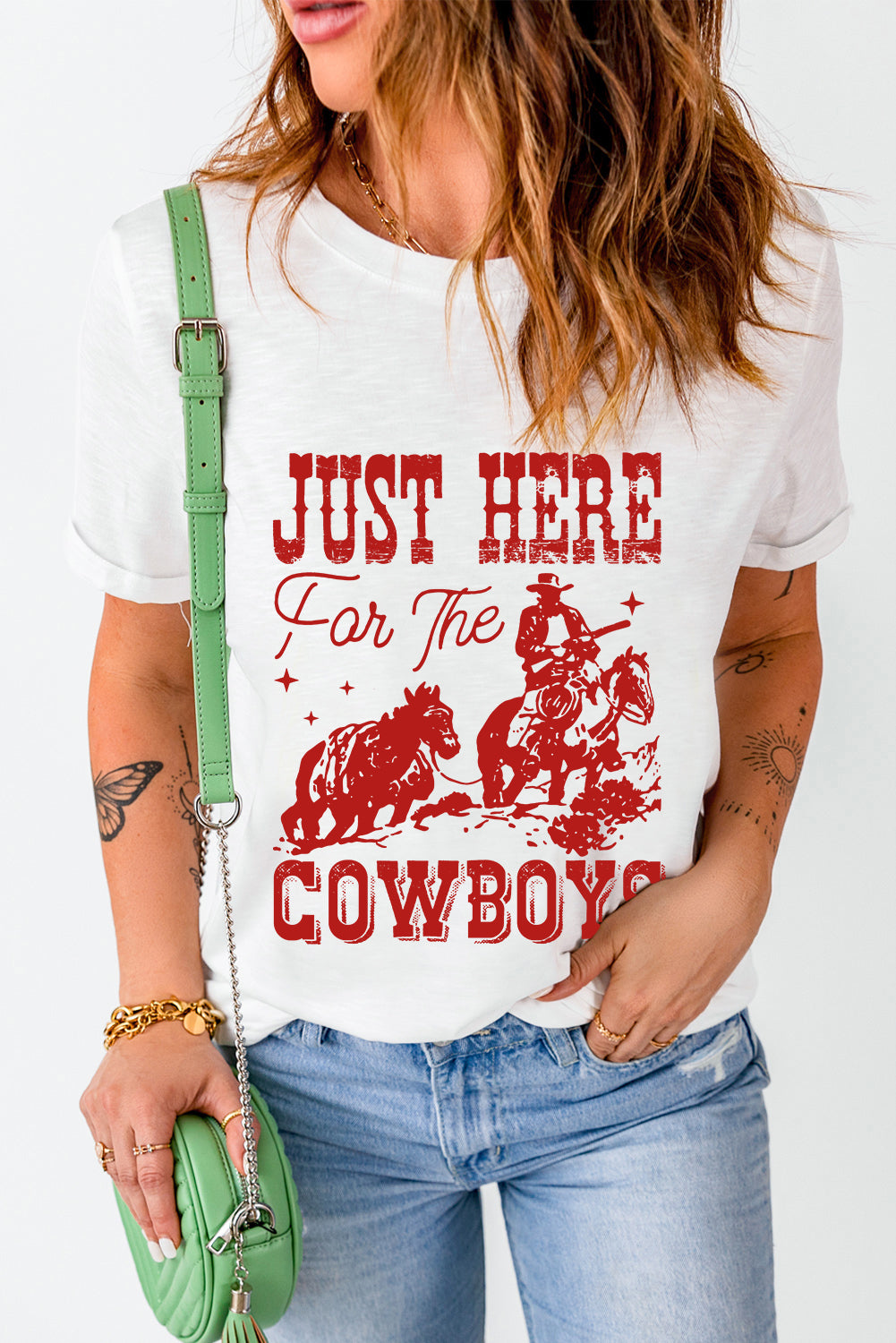 White JUST HERE For The COWBOYS Cuffed Sleeve Crew Neck T-Shirt