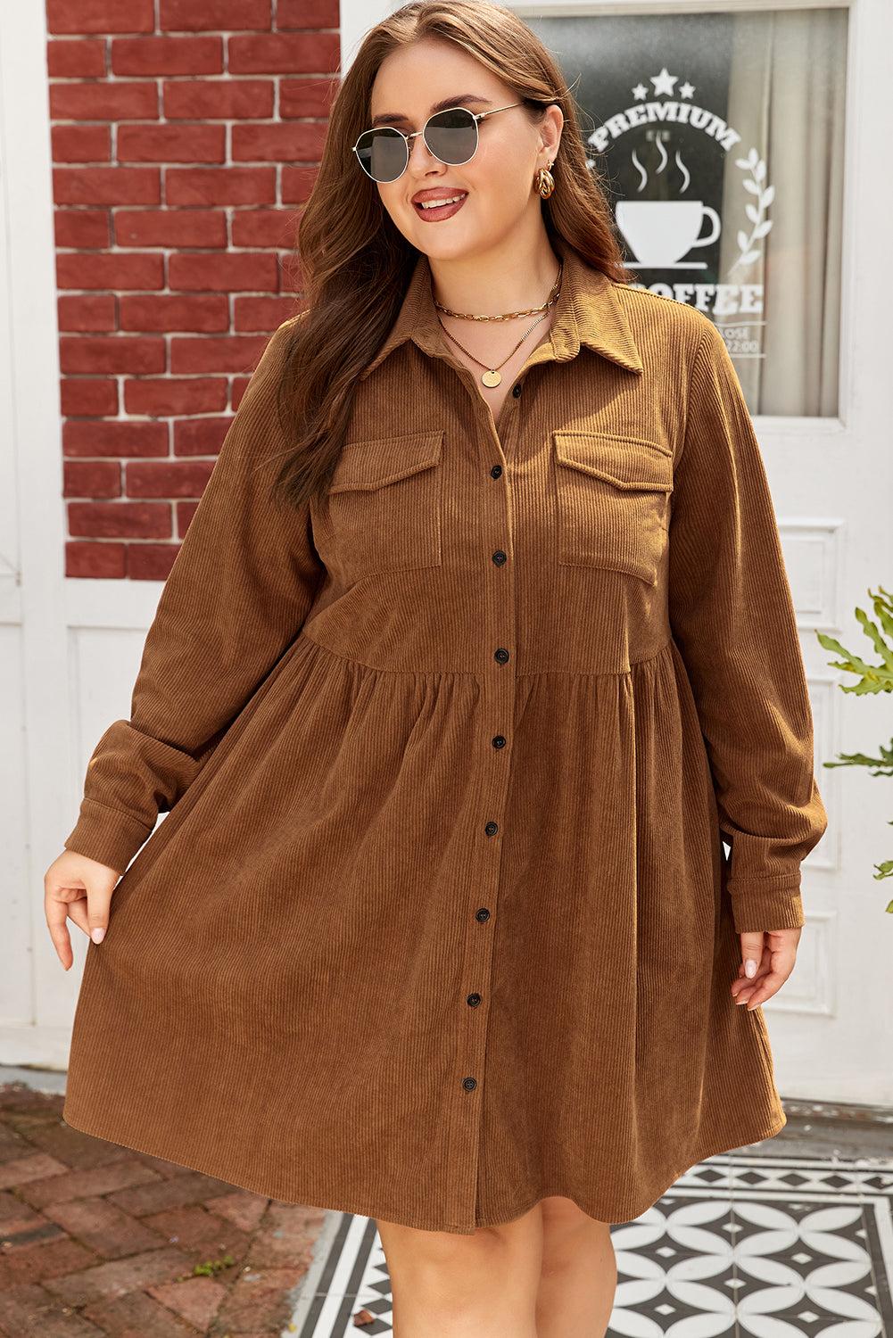 Camel Corduroy Buttoned Collared Shirt Dress